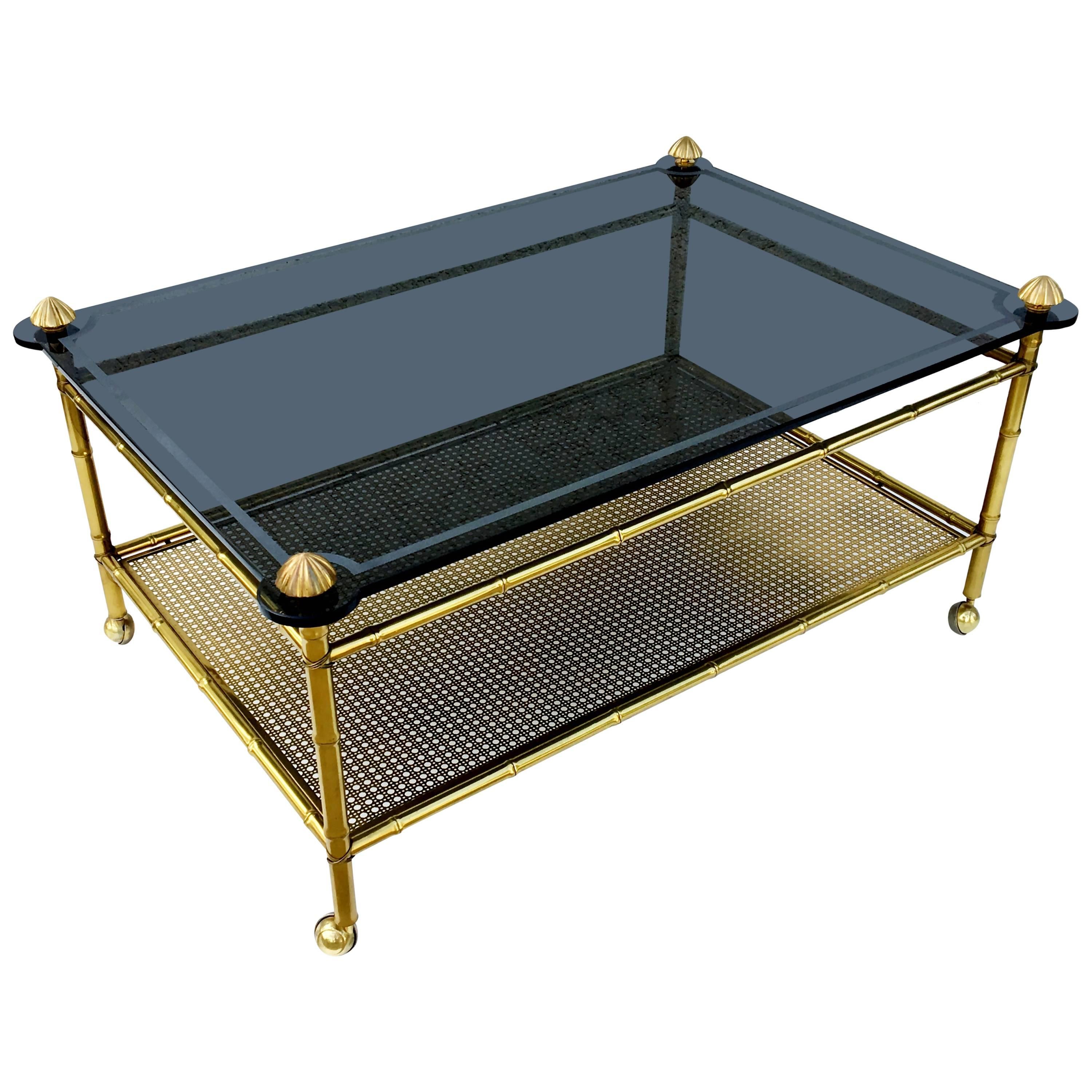 French Two-Tiered Brass and Glass Faux Bamboo Cocktail Table