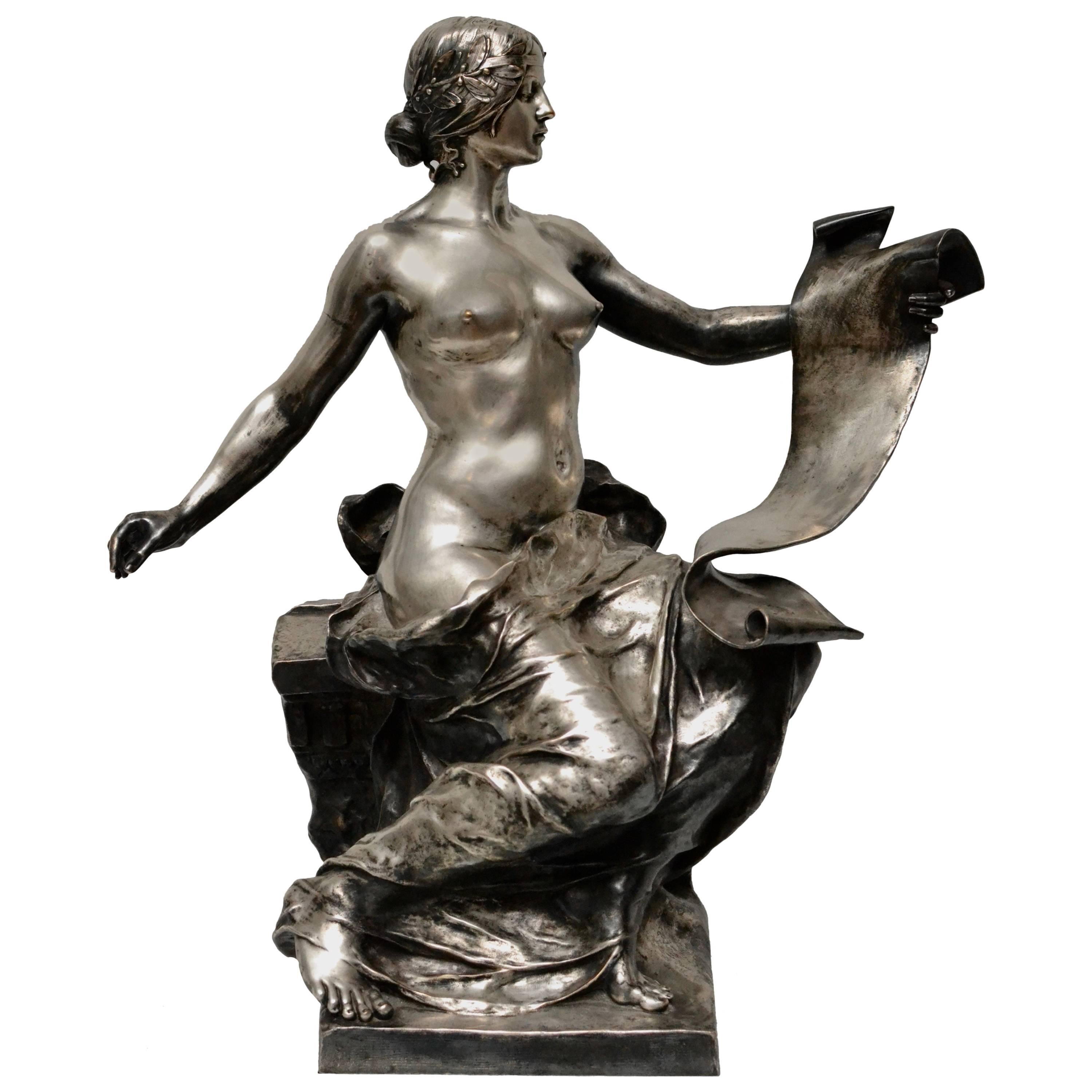 Silvered Bronze Sculpture, "La Poesie" by Georges Bareau