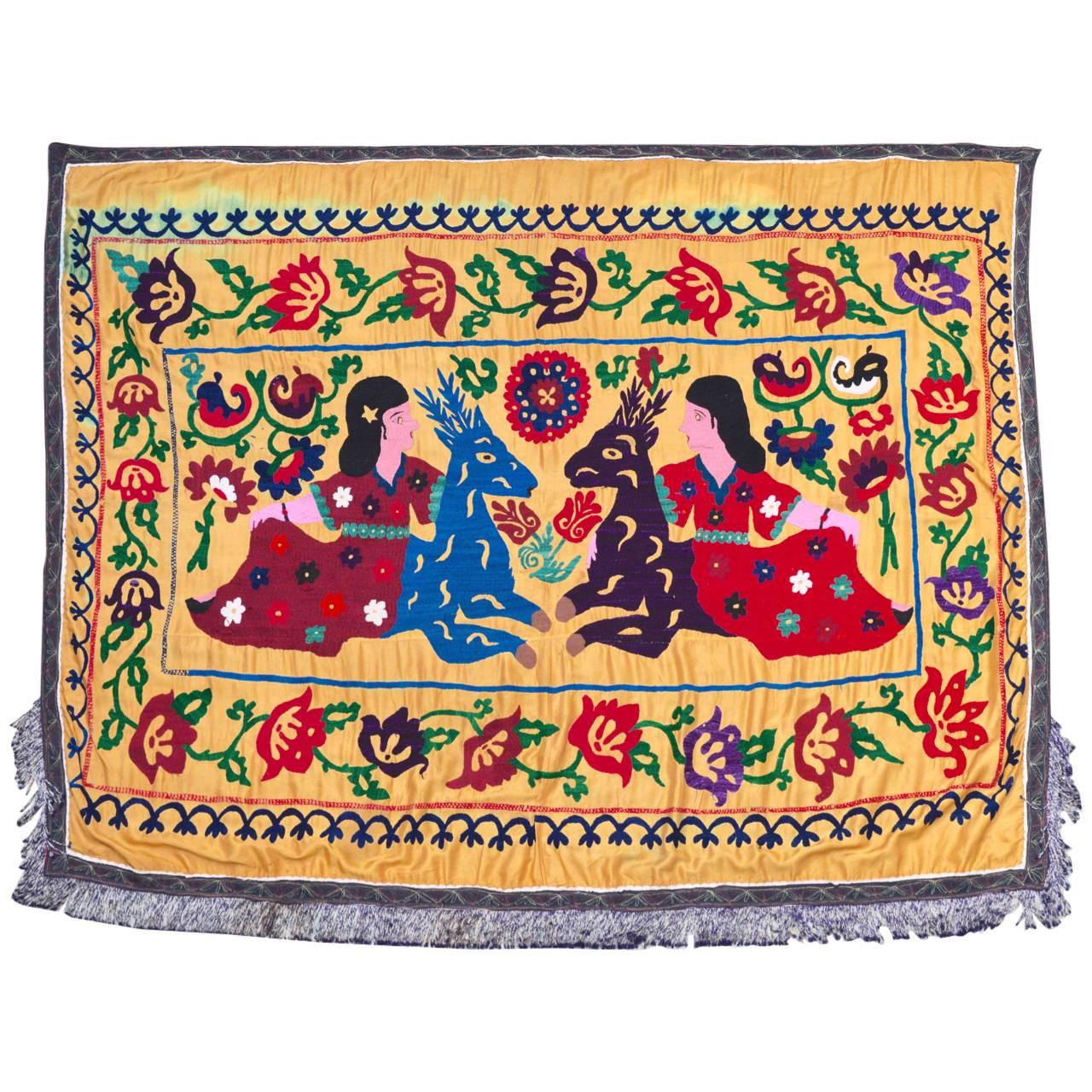 Large Vintage Hand Embroidered Uzbek Suzani Silk Wall Hanging with Deer