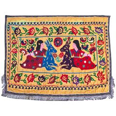 Large Vintage Hand Embroidered Uzbek Suzani Silk Wall Hanging with Deer