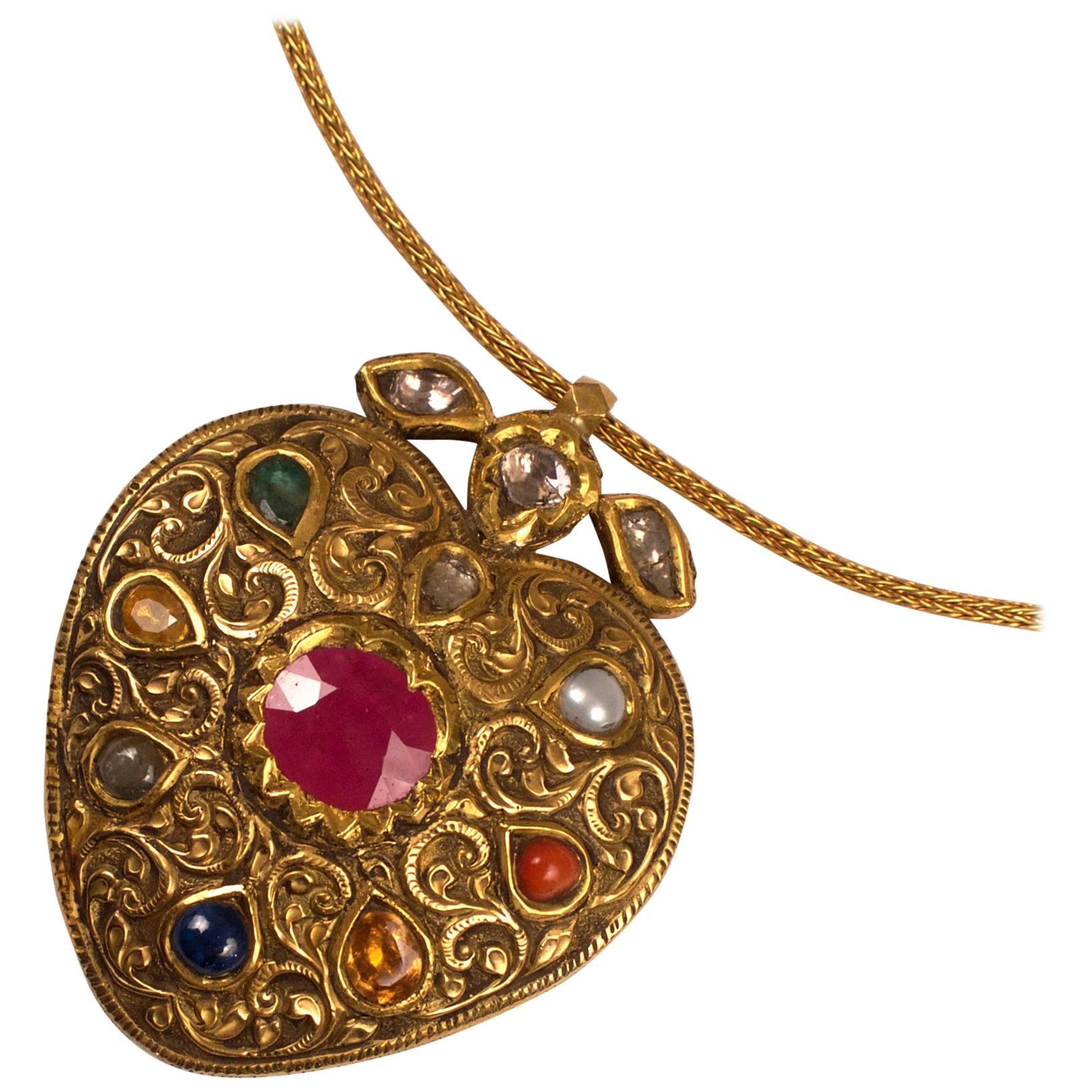 Gold and Nine Gemstone Navaratna Pendant Necklace