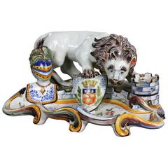 French Faience Inkwell with Lion