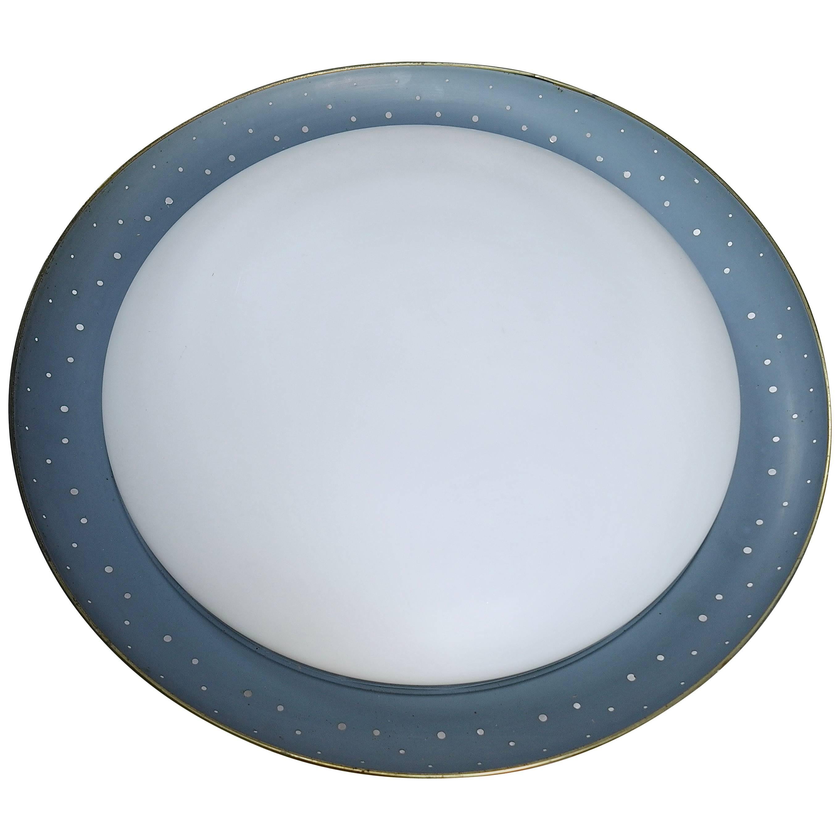 Large Italian Flush Mount, Blue Metal with Opaline Glass and Brass Trim For Sale