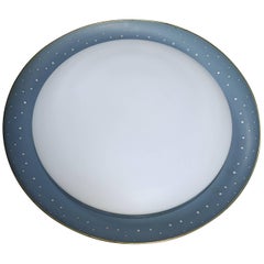 Large Italian Flush Mount, Blue Metal with Opaline Glass and Brass Trim