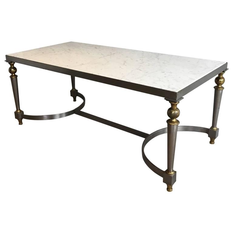 Brass Coffee Table Base with Bimorphic Shaped Rose Marble Top For Sale