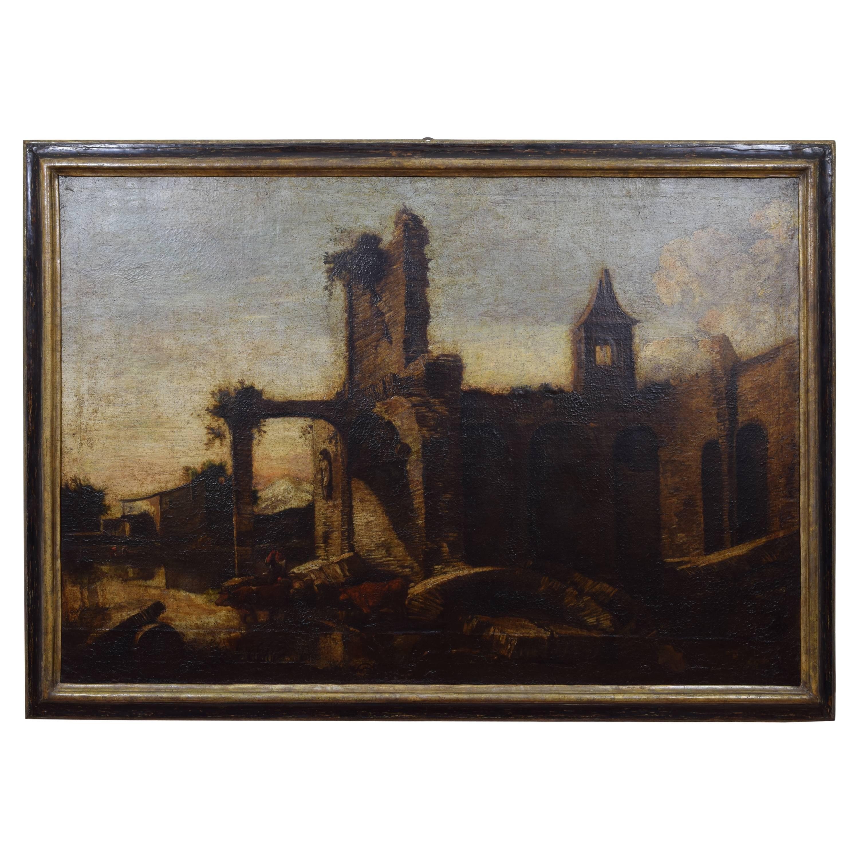Italian Oil on Canvas, "Landscape with Ruins and Herds, " 17th Century