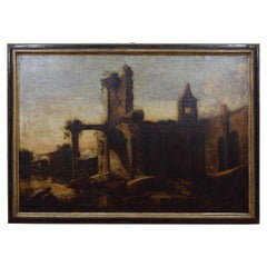 Óleo italiano sobre lienzo, "Paisaje con ruinas y rebaños", Siglo XVII
