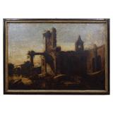 Italian Oil on Canvas, "Landscape with Ruins and Herds," 17th Century