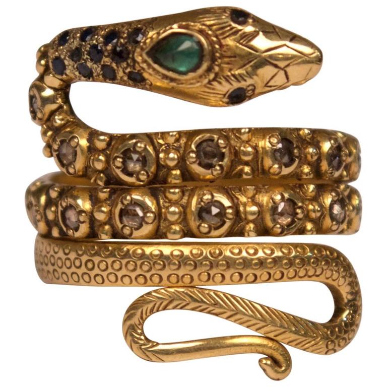 Gold, Diamond, Sapphire and Emerald Snake Ring at 1stdibs