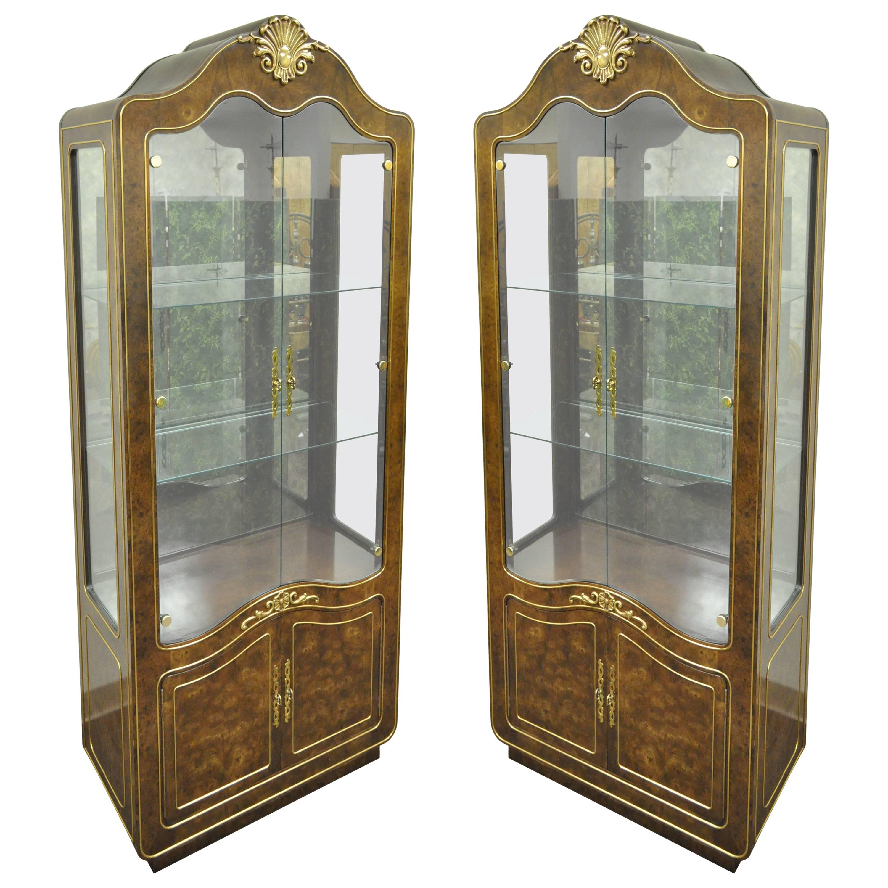 Pair of Mastercraft Amboyna Burl Wood French Hollywood Regency Curio Cabinets