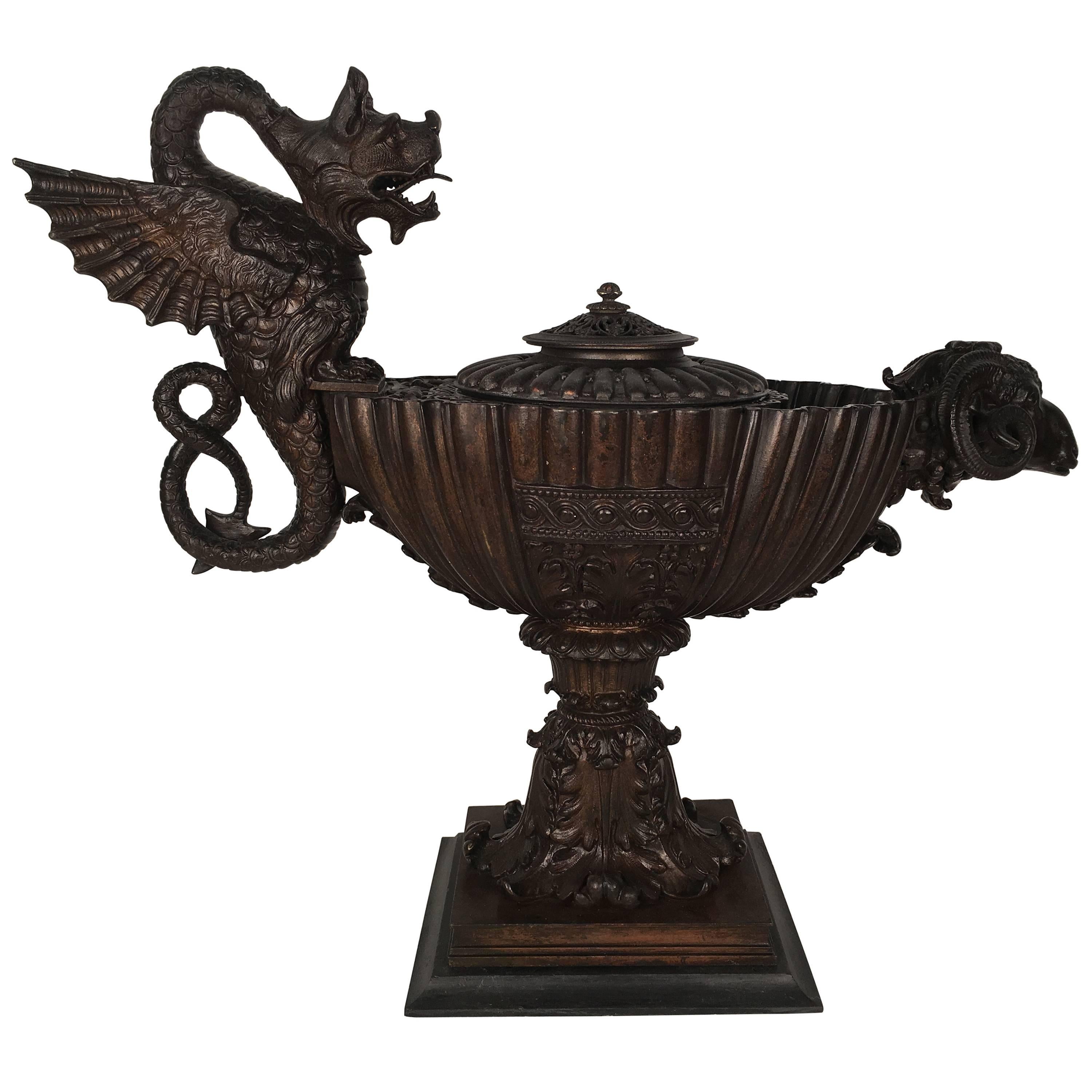 Italian Bronze Oil Lamp Founderia Nelli, Roma, after the Antique