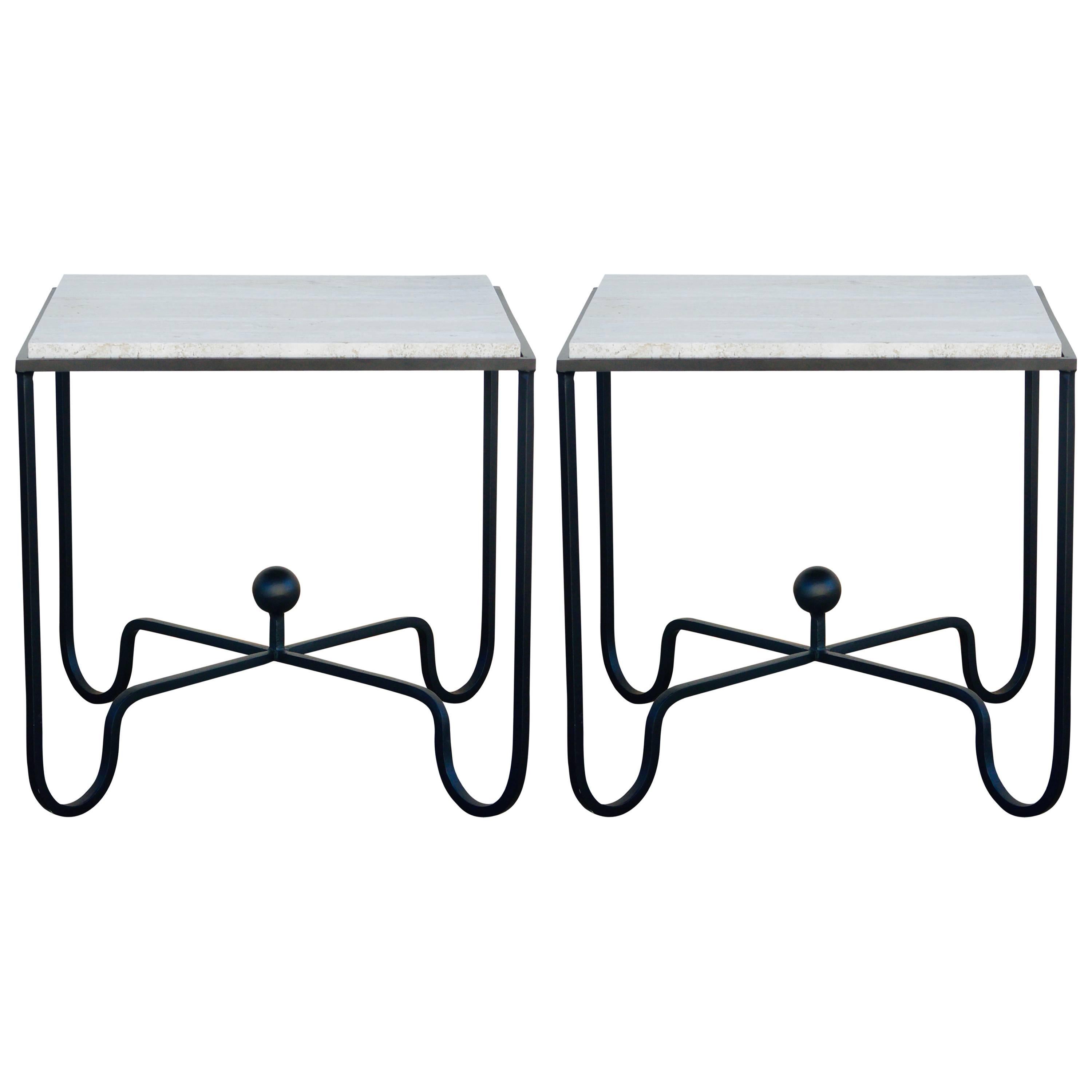 Pair of Wrought Iron and Travertine Side Tables in the Style of Mathieu Matégot