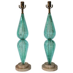Pair of Aquamarine Murano Glass Bullicante Lamps