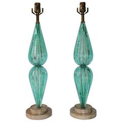 Pair of Aquamarine Murano Glass Bullicante Lamps 7
