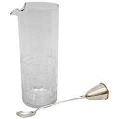 Vintage French Cut Crystal Cocktail Pitcher and Silver Plated "All in 1"Bar Tool