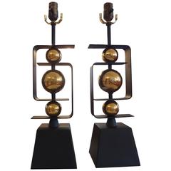 Pair of Italian Modern Iron Lamps with Brass Spheres