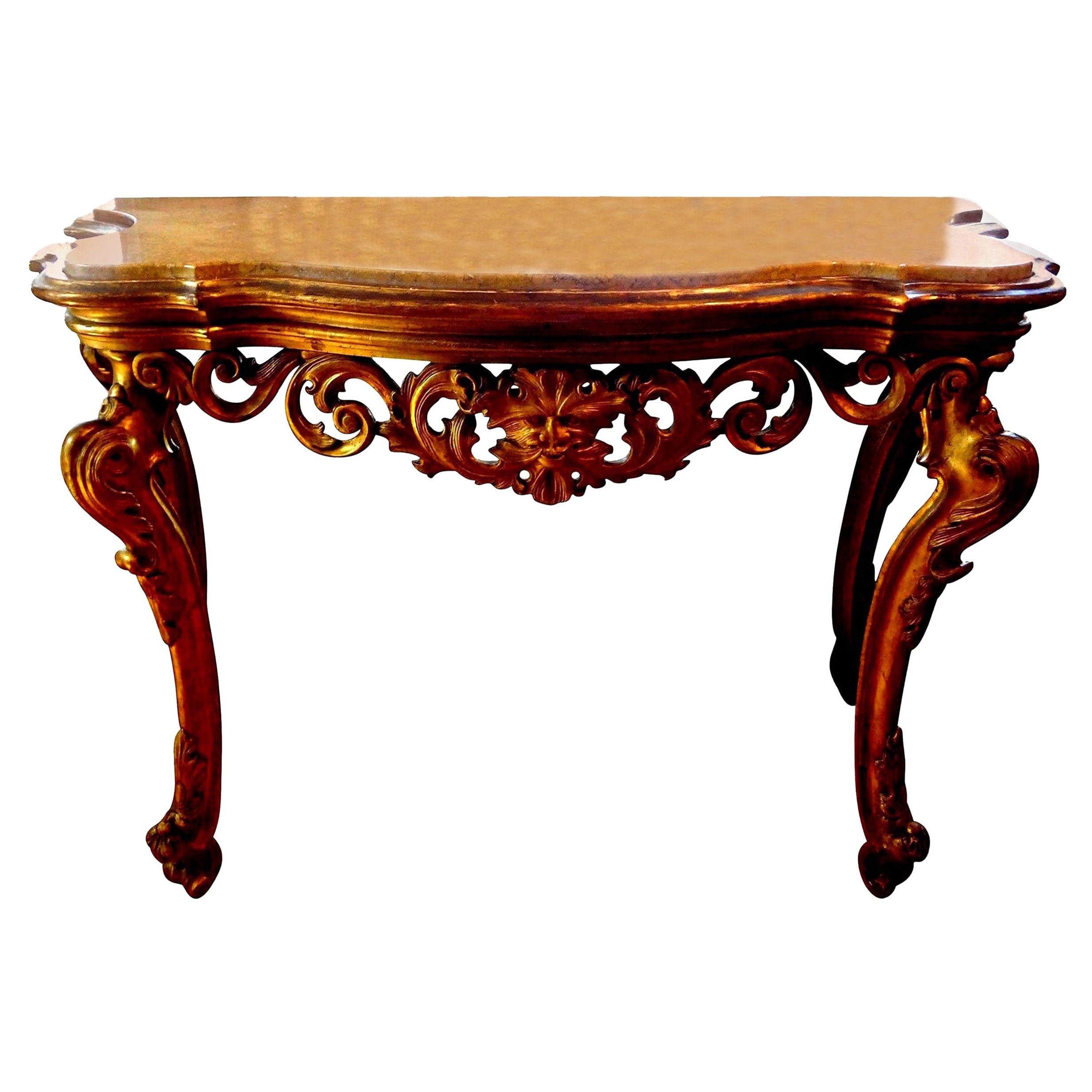 Tavolo consolle in legno dorato veneziano del XVIII secolo con piano in marmo