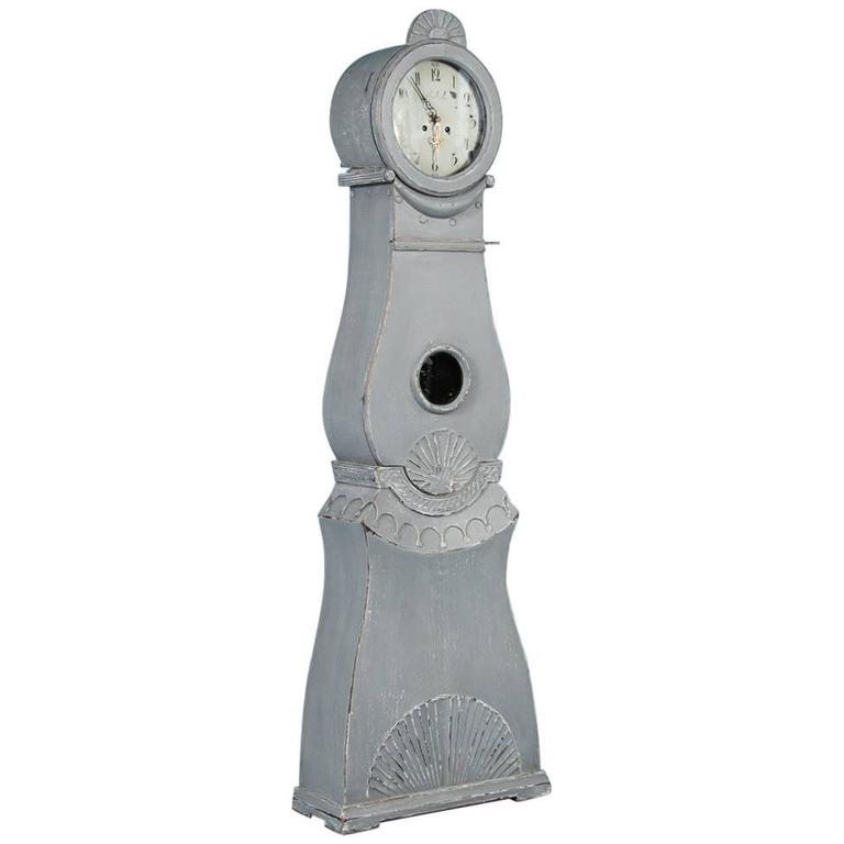 Antique Swedish Gustavian Mora Grandfather Clock With Distressed Antique Swedish Gustavian Mora Grandfather Clock With Distressed Blue Gray Paint For