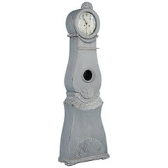 Antique Swedish Gustavian Mora grandfather clock with distressed blue/gray paint