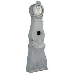 Antique Swedish Gustavian Mora grandfather clock with distressed blue/gray paint 1