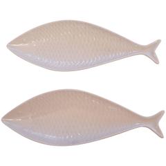Vintage Pair of Gustavsberg Fish Form Dishes Sveden, 1950s White Procelain