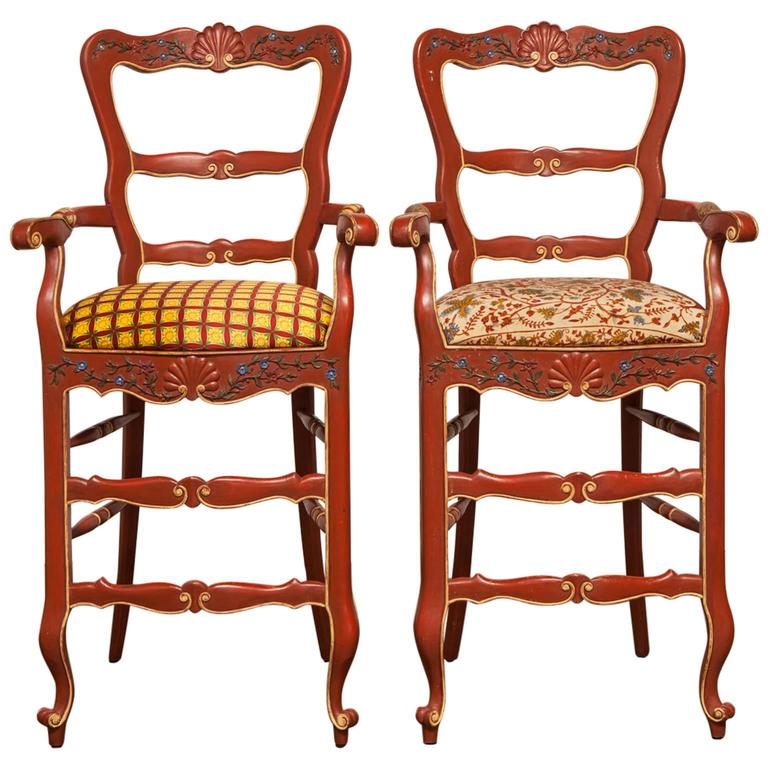 Pair of Carved French Country Red Bar Stools at 1stDibs
