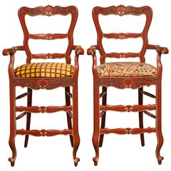 Pair of Carved French Country Red Bar Stools