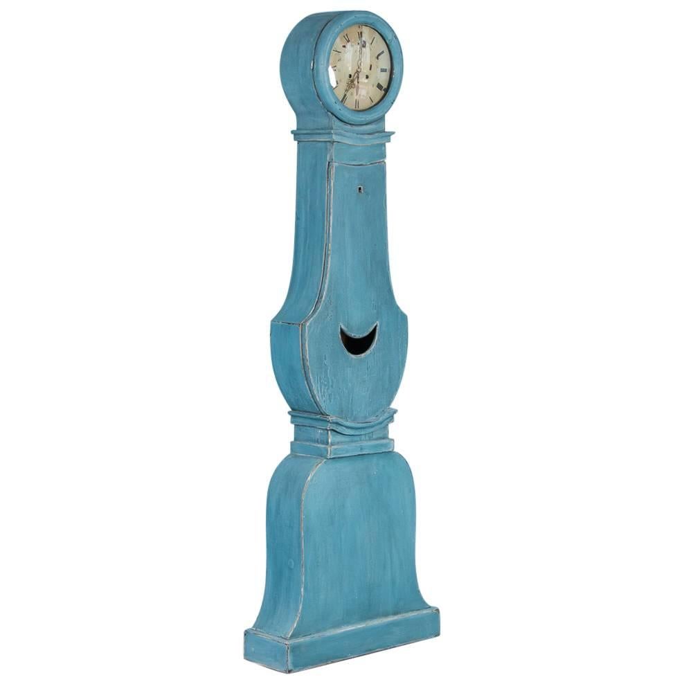 Antique 19th Century Blue Painted Swedish Mora Grandfather Clock
