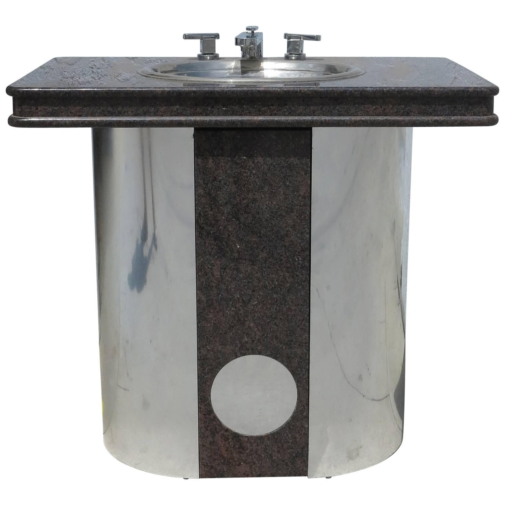 Vintage Sherle Wagner Vanity Sink Black Granite Top with Stainless Steel Base