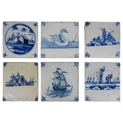 Antique 18th Century English Delft Blue Tin-Glazed Tiles, Mixed Set of Six