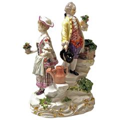 Antique Meissen Acier Gallant Gardeners Figurines with Watering Can Model C 64  c.1880