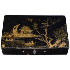French Papier Mache Box with Black and Gold Lacquered Chinoiserie Decoration 