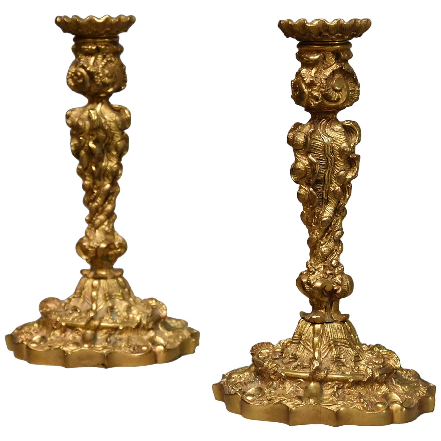 Pair of 19th Century French Ormolu Candlesticks in the Rococo Style