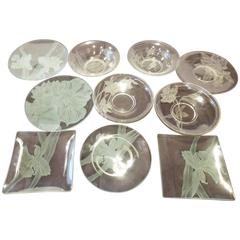 Vintage Rare Set of Ten Signed Dorothy Thorpe Floral Glass Serving Plates and Bowls