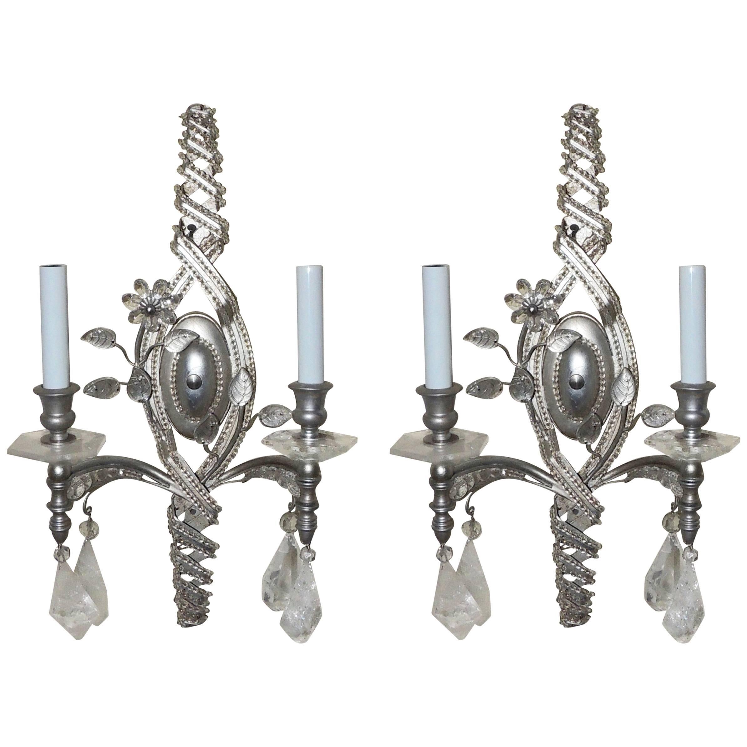 Wonderful Vintage Pair Transitional Silver Rock Crystal & Beaded Sconces