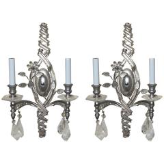 Wonderful Vintage Pair Transitional Silver Rock Crystal & Beaded Sconces