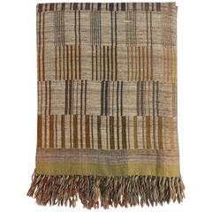 Indian Handwoven Throw, Brown, Green, Gold, Grey and Beige. Wool and Raw Silk. 