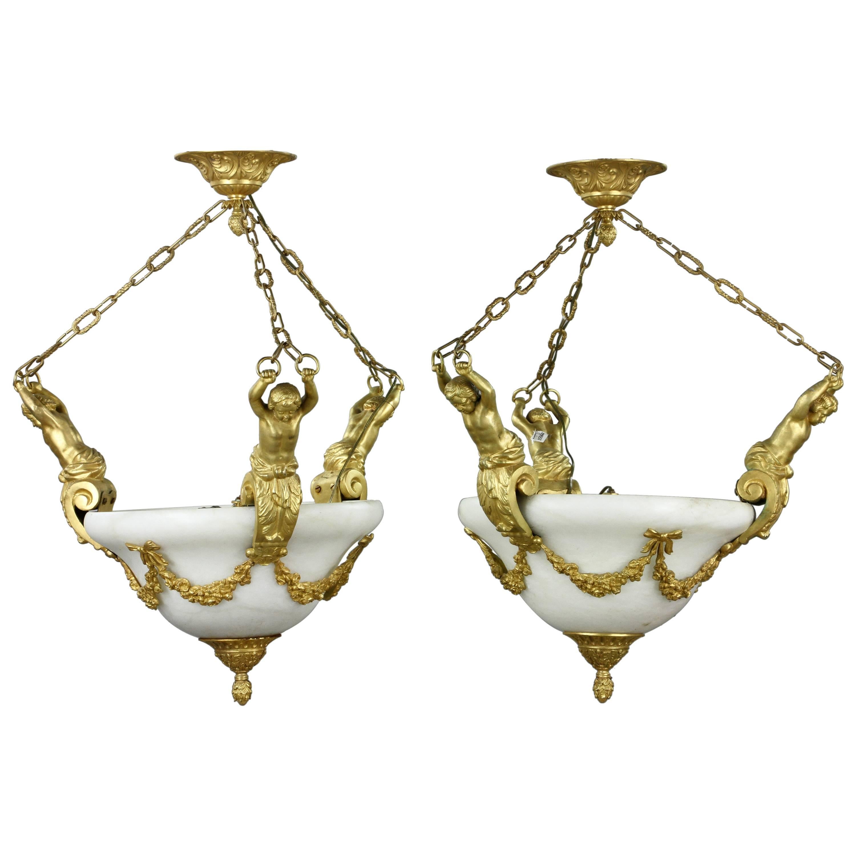 Pair of 19th Century French Gilt Bronze and Marble Louis XVI Chandeliers