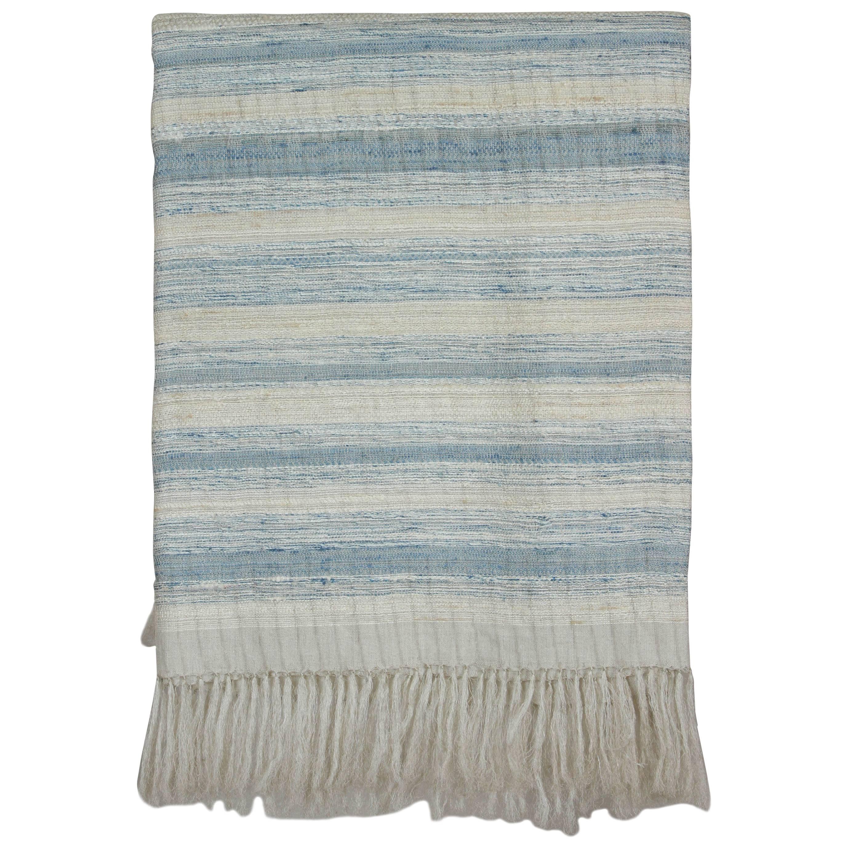 Indian Handwoven Throw, Blue and White Stripes,  Raw Silk.  For Sale