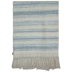 Indian Handwoven Throw, Blue and White Stripes,  Raw Silk. 