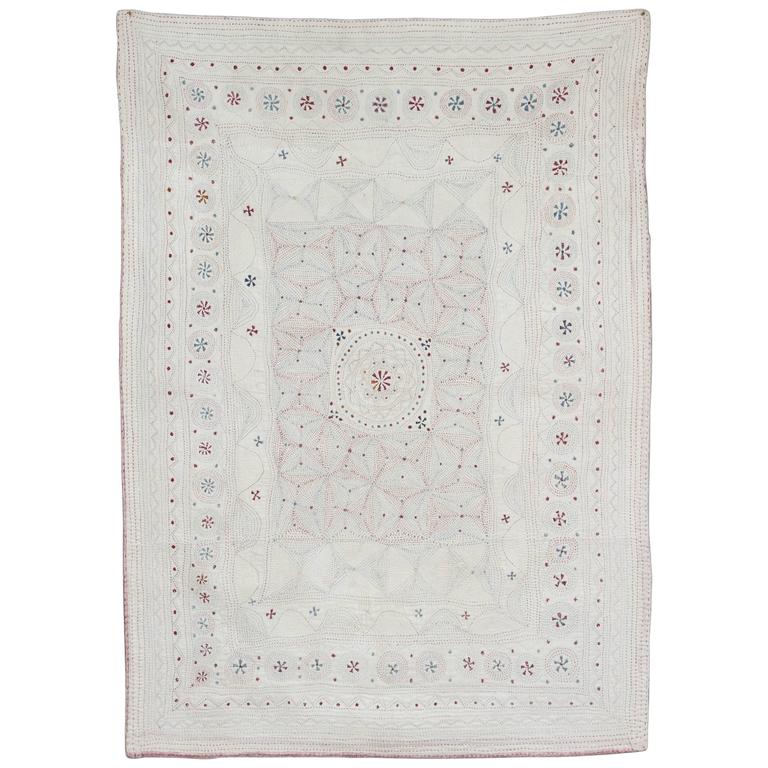 Bengali Indian Embroidered and Quilted Baby Blanket, Ivory, Mauve
