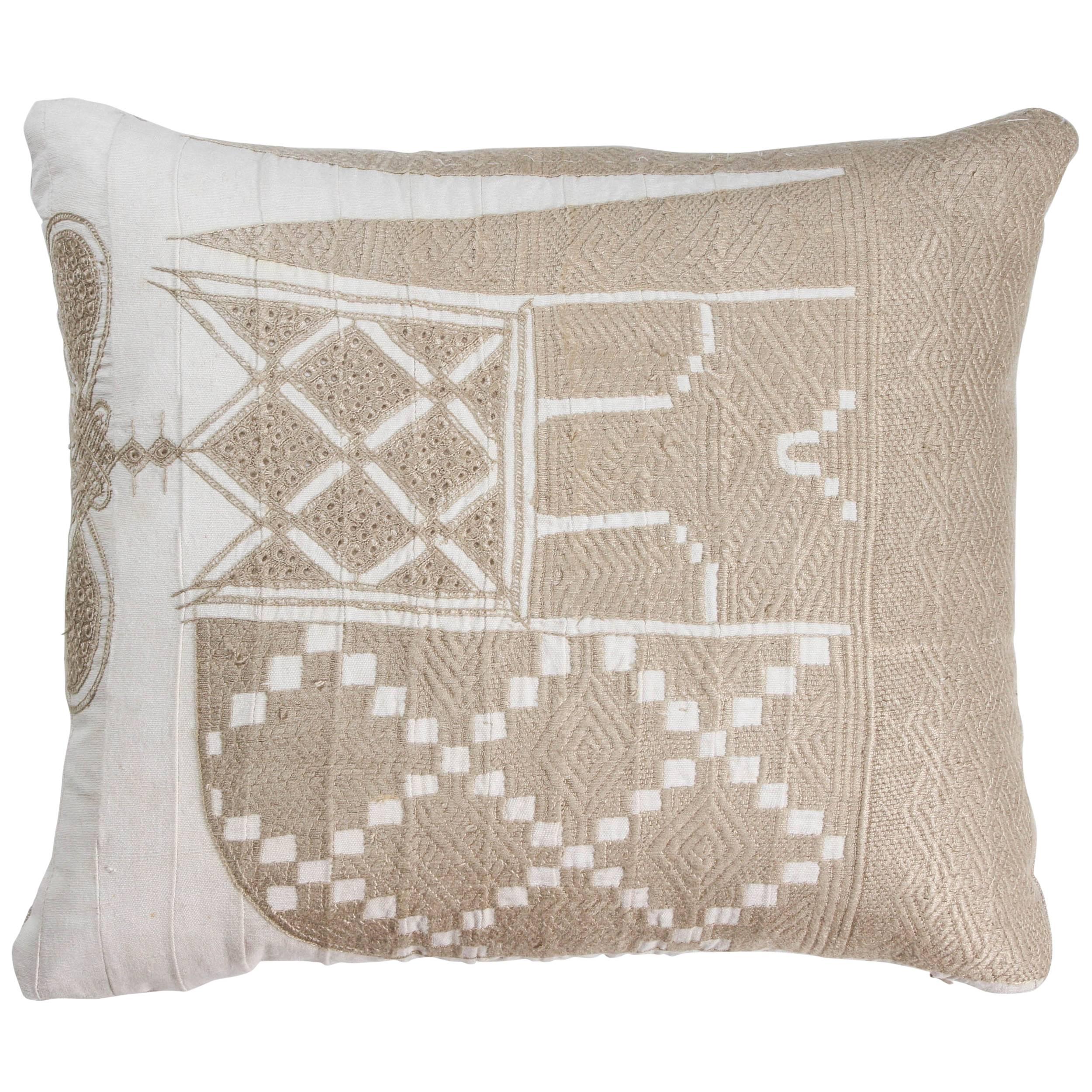 African Embroidery Pillow in Ivory and Beige