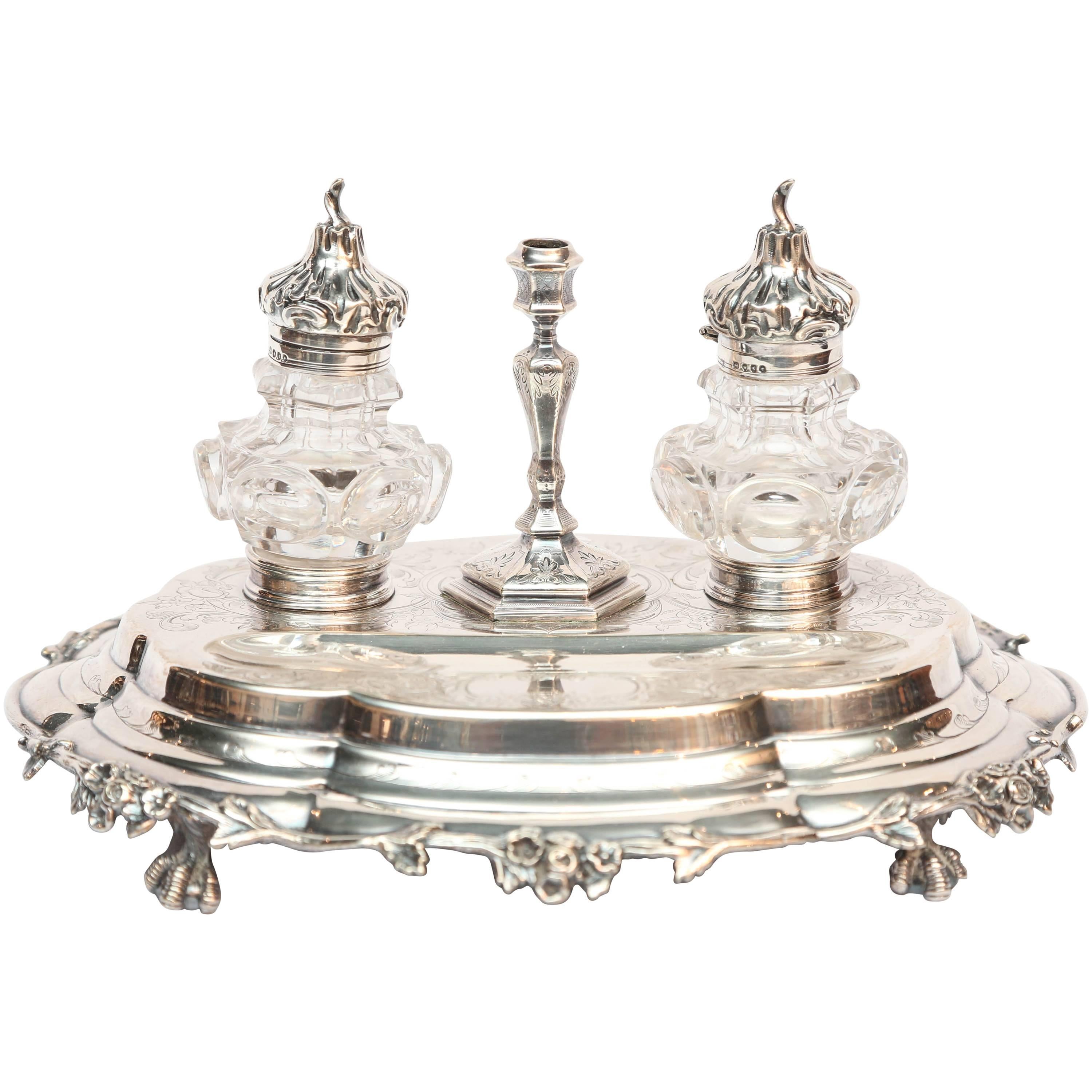 Fine English Silvered and Sterling Inkstand