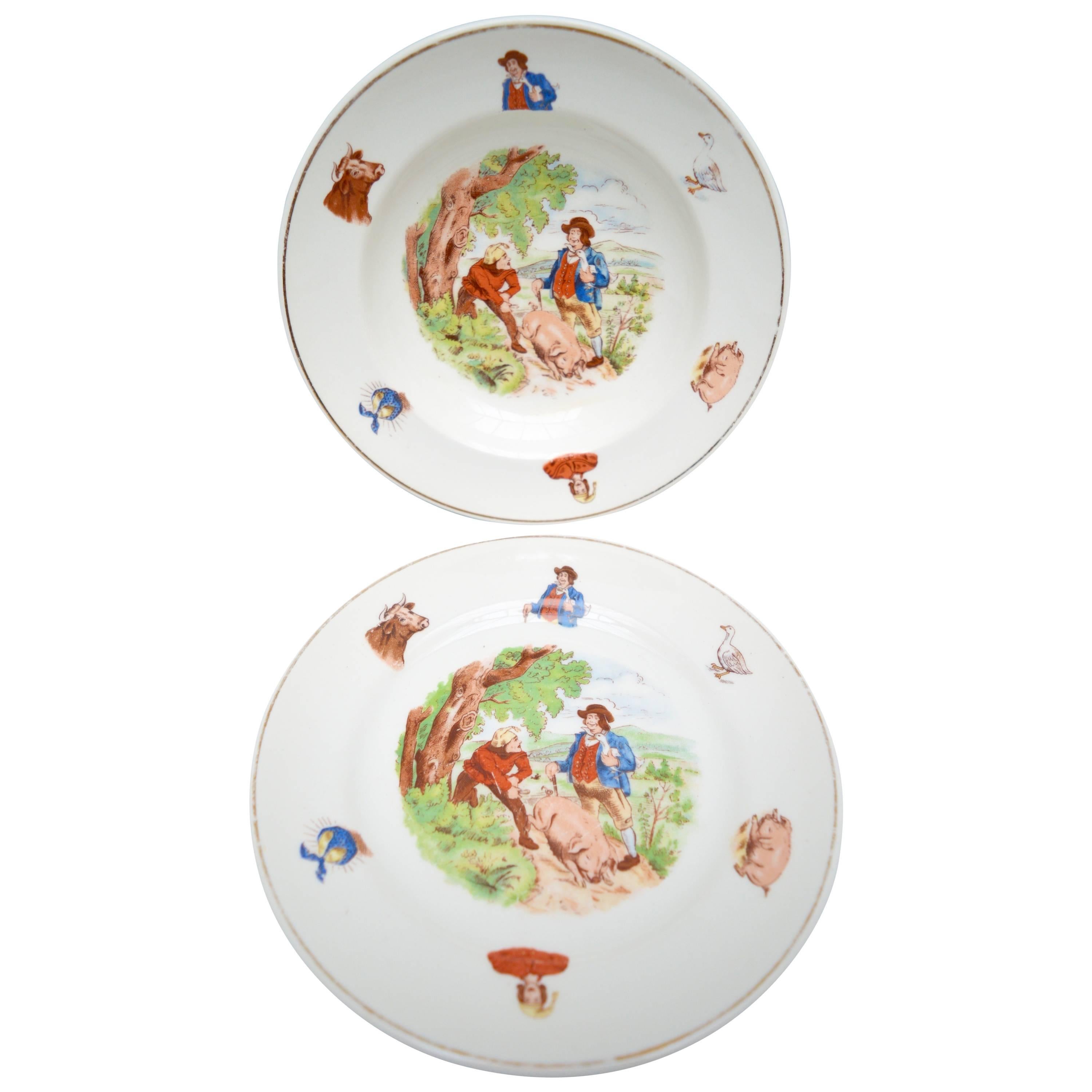 19th Century English Transferware Childs Plate and Bowl Set For Sale