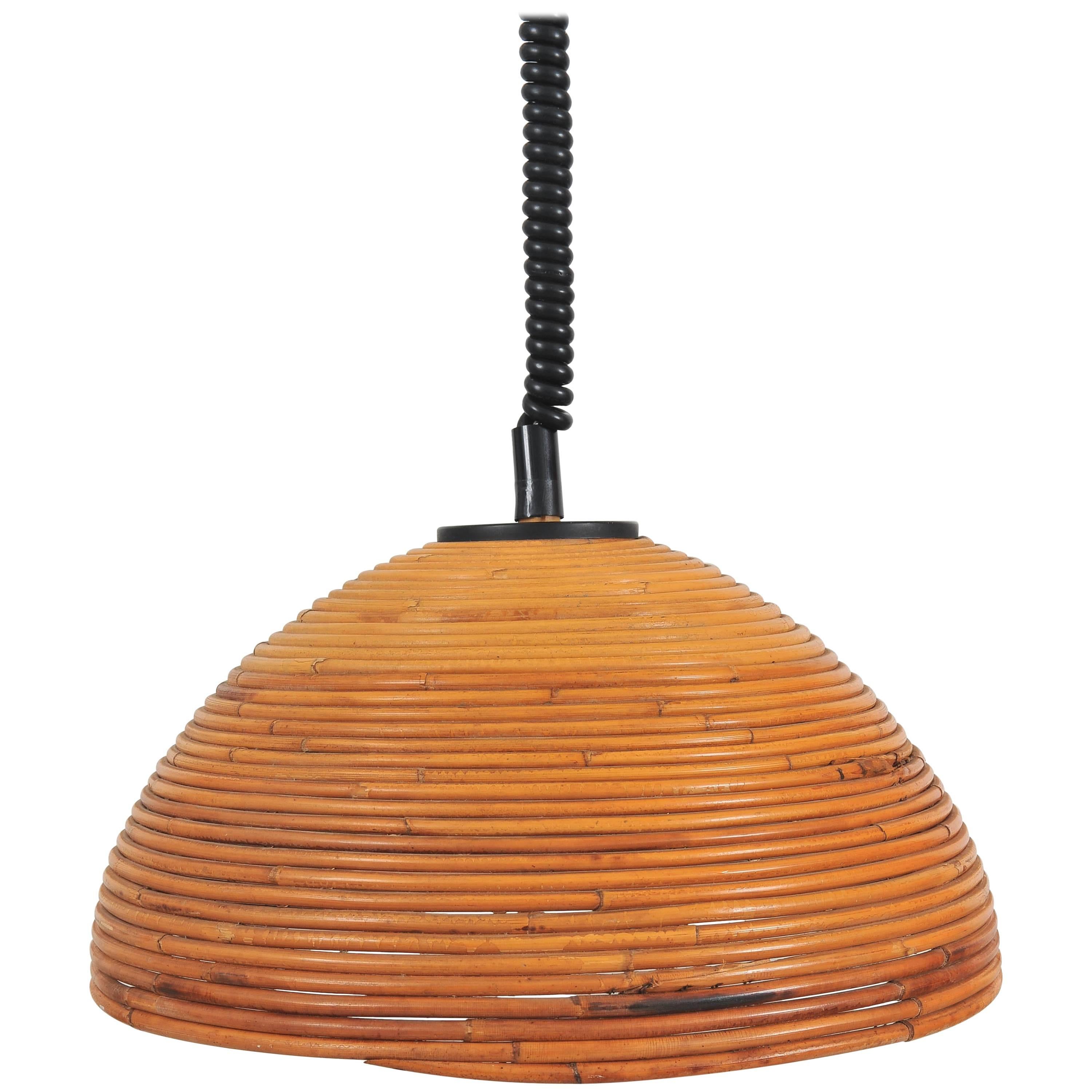 Large 1960s Rise and Fall Rattan Pendant Light For Sale
