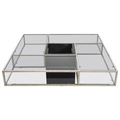 Large, Italian Square Smoked Glass and Chrome 1970s Coffee Table