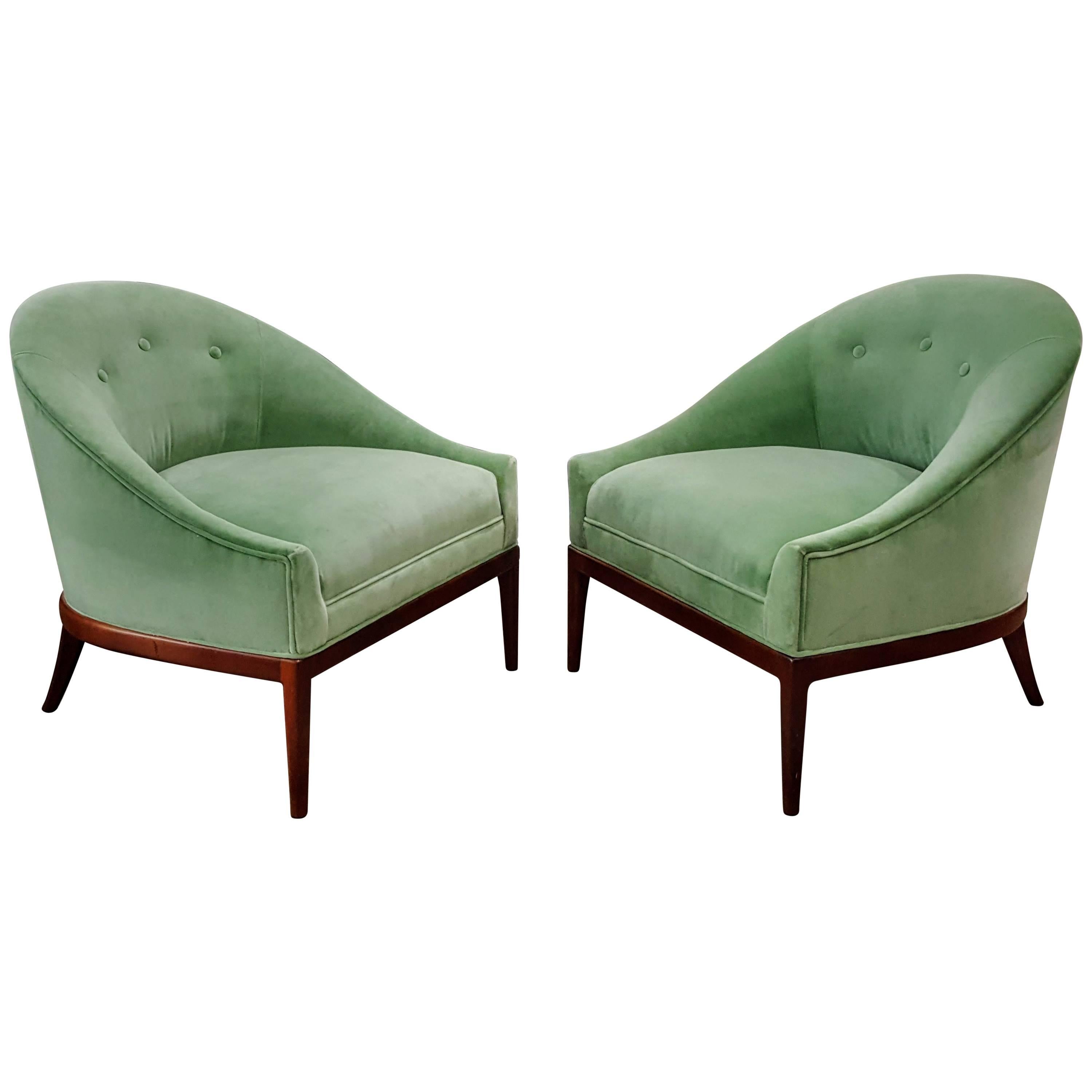 Pair of Modern Slipper Chairs in Celadon Green Velvet, 1960s