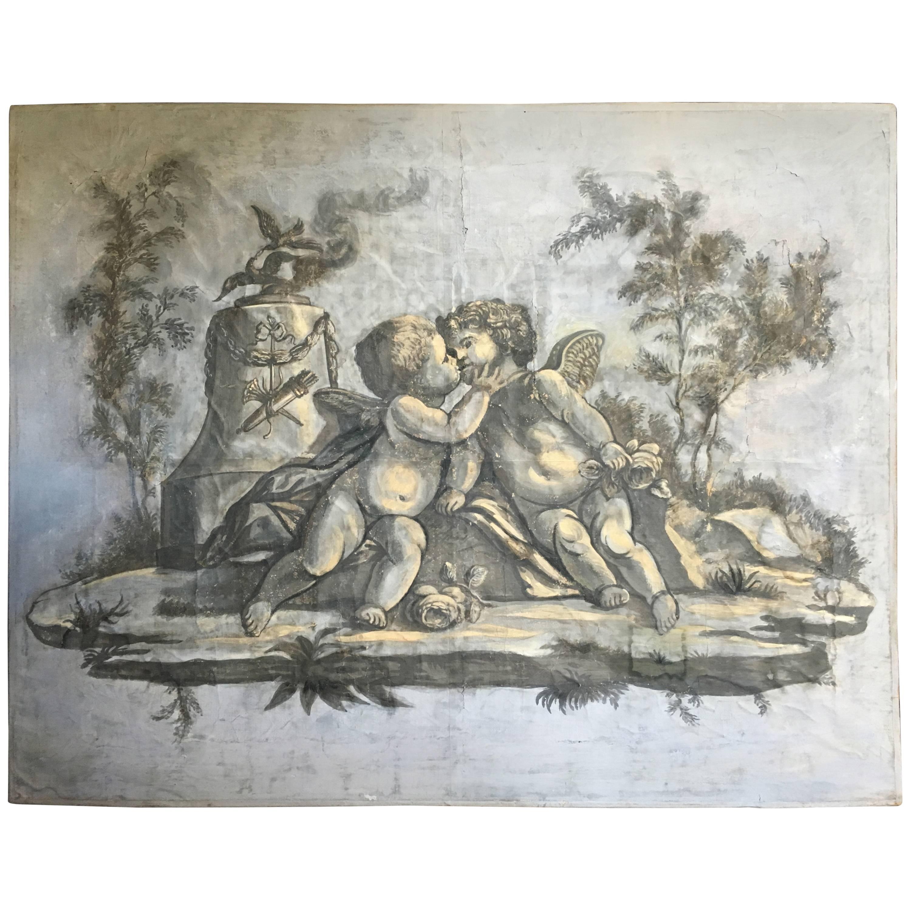 Painted Wallpaper Panel of Cherubs, French, Louis XVI
