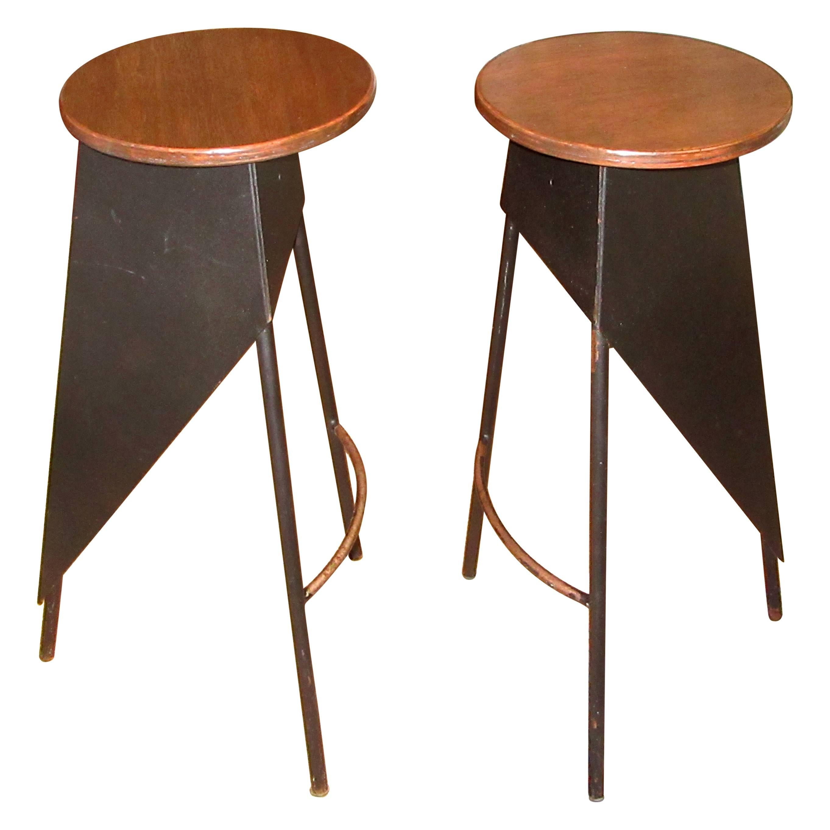 Pair of French Industrial Metal and Wood Stools For Sale