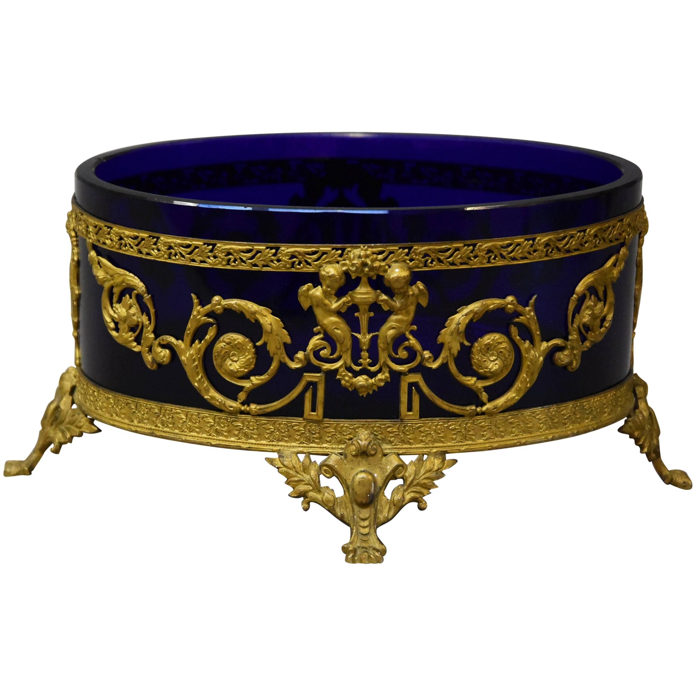 Fine Quality 19th Century Blue Glass and Gilt Metal Classical Style Centrepiece For Sale
